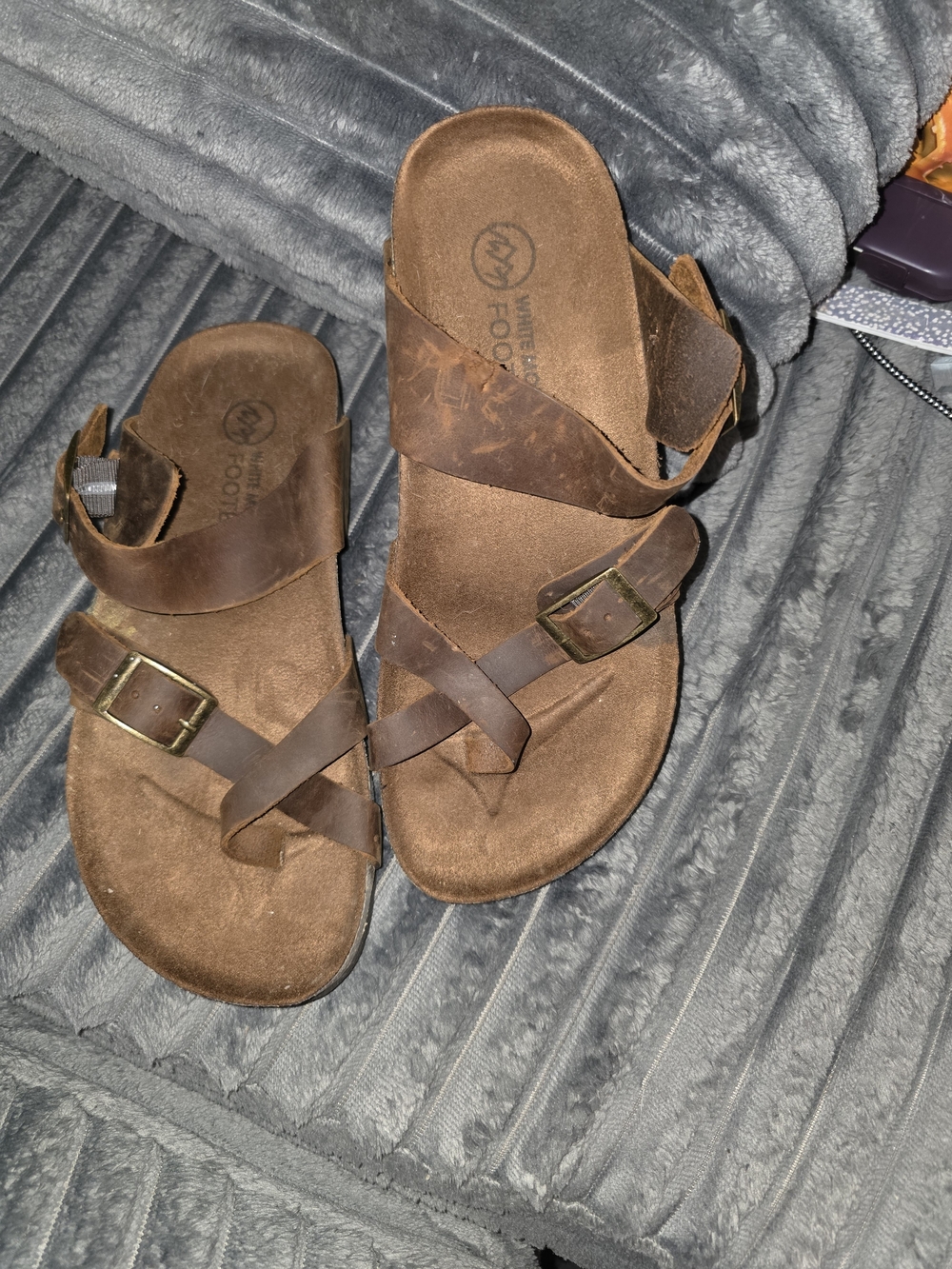White Mountain Brown Leather Buckle Crossover Slide Sandals